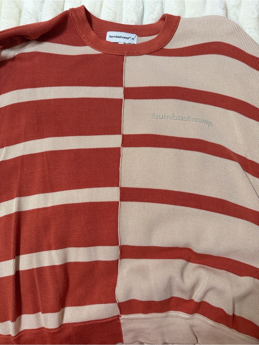 NWT Burn Boot Camp Rust Orange Cream Oversized Striped Crewneck Sweater Size XL